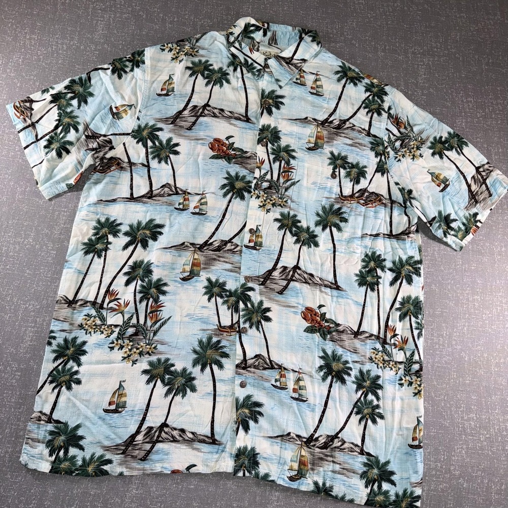 Batik Bay Shirt Mens XLT Blue Hawaiian Aloha Palm Tree Sailboat Rayon Button Up